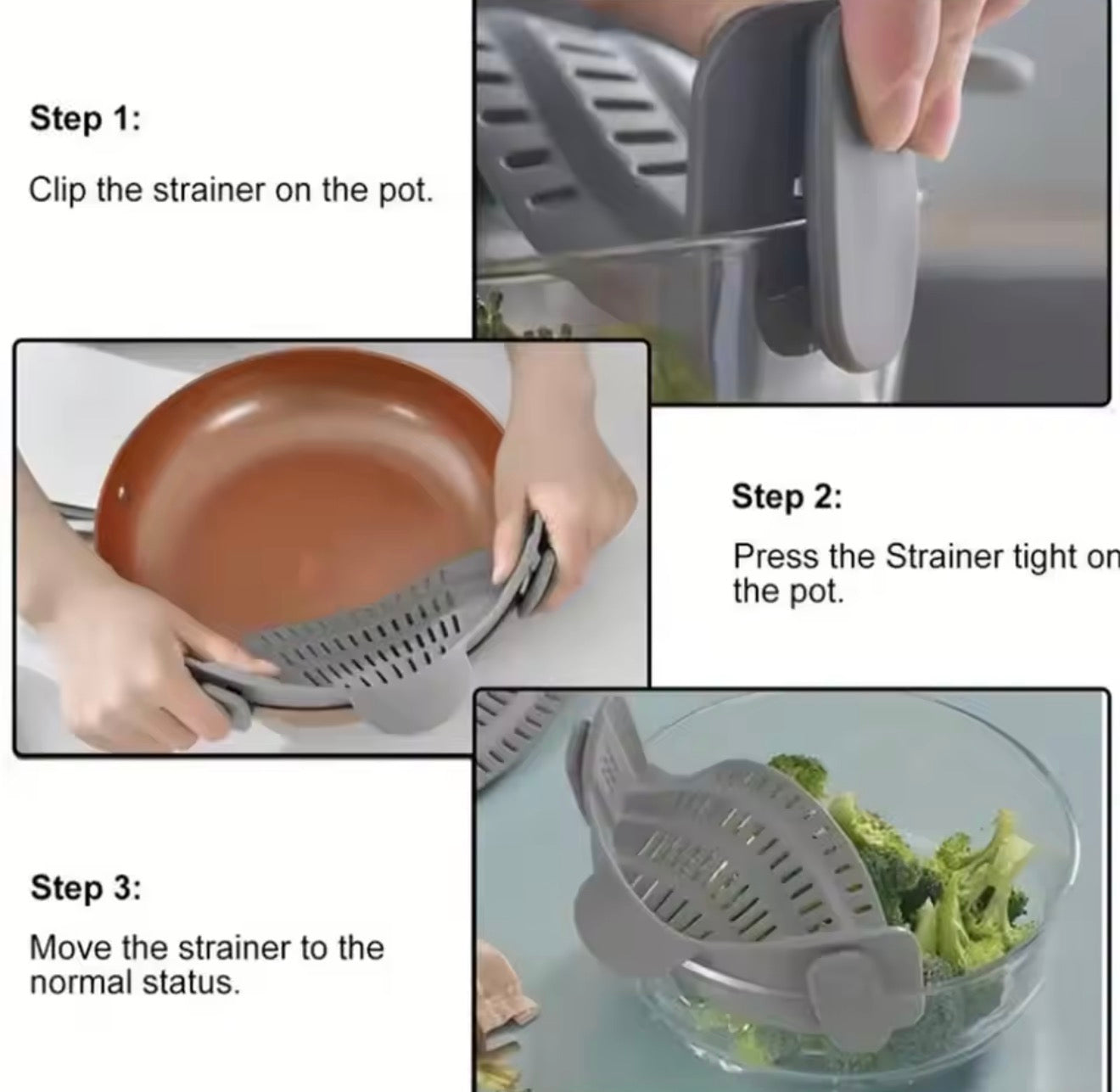 πΊπΈ US Free Shipping (No Minimum Spend) MTK Adjustable Clip-On Pot Strainer β Fits Pots, Pans & Bowls, Effortless Draining