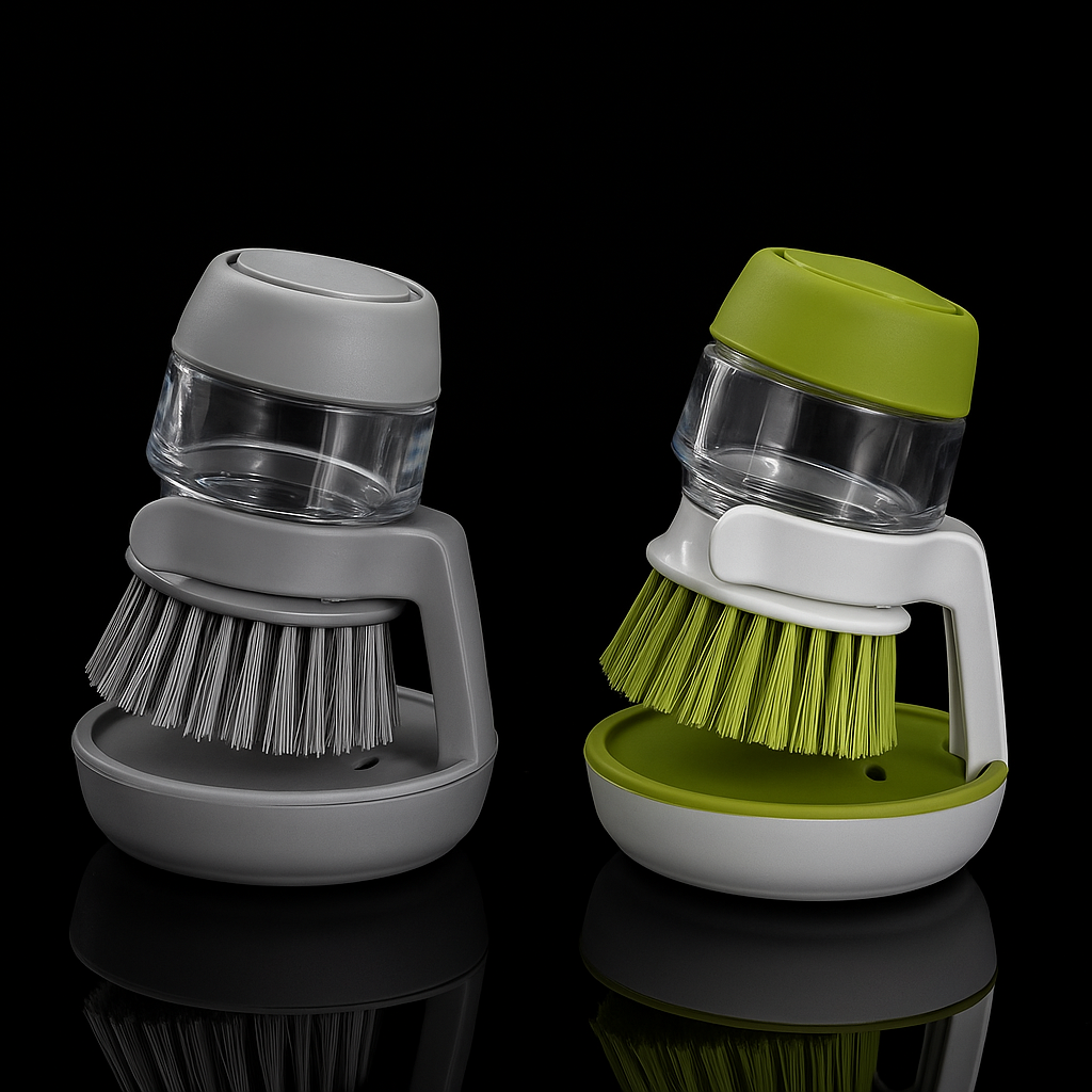 Dish Brush with Soap Dispenser and Tray for Kitchen and Household Cleaning